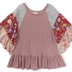 Umgee Boho Patchwork Thermal Top L Mauve Floral Paisley Ruffle Hem Bohemian Chic